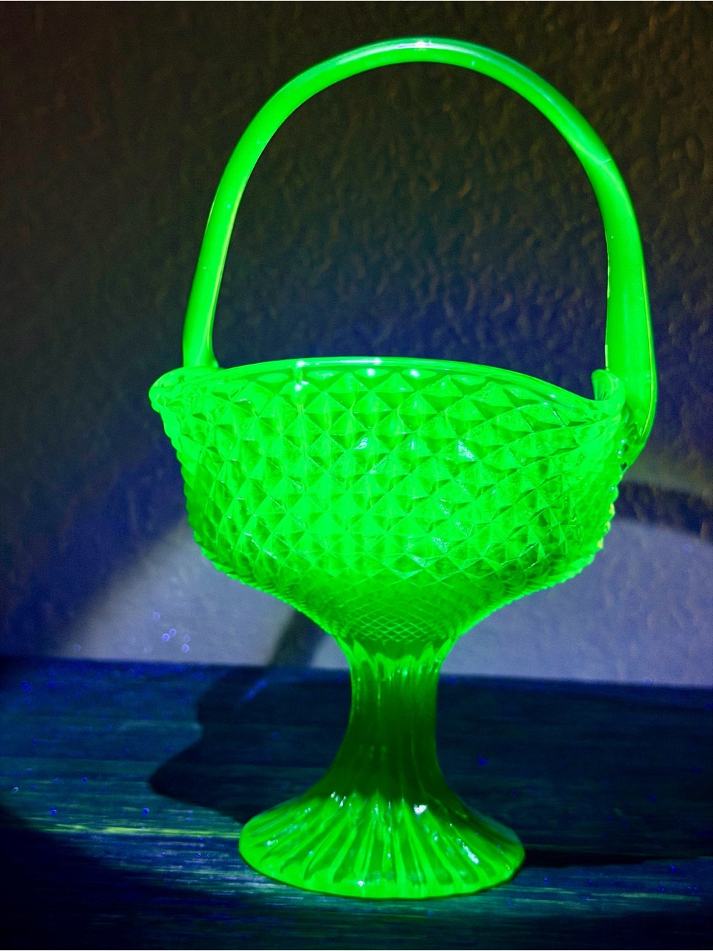 Indiana glass diamond point emerald green-Uranium-Vaseline glass bridal basket